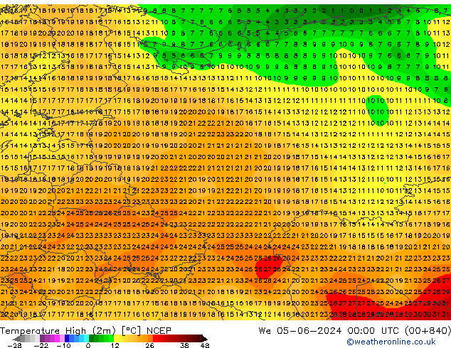 Temp. massima (2m) NCEP mer 05.06.2024 00 UTC