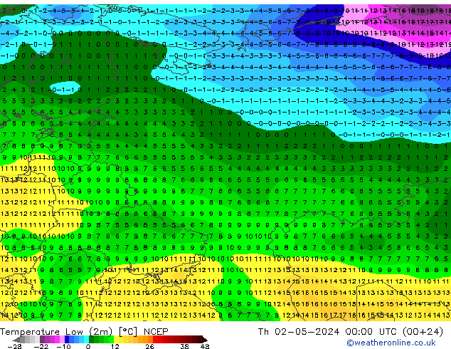 Temperature Low (2m) NCEP Th 02.05.2024 00 UTC