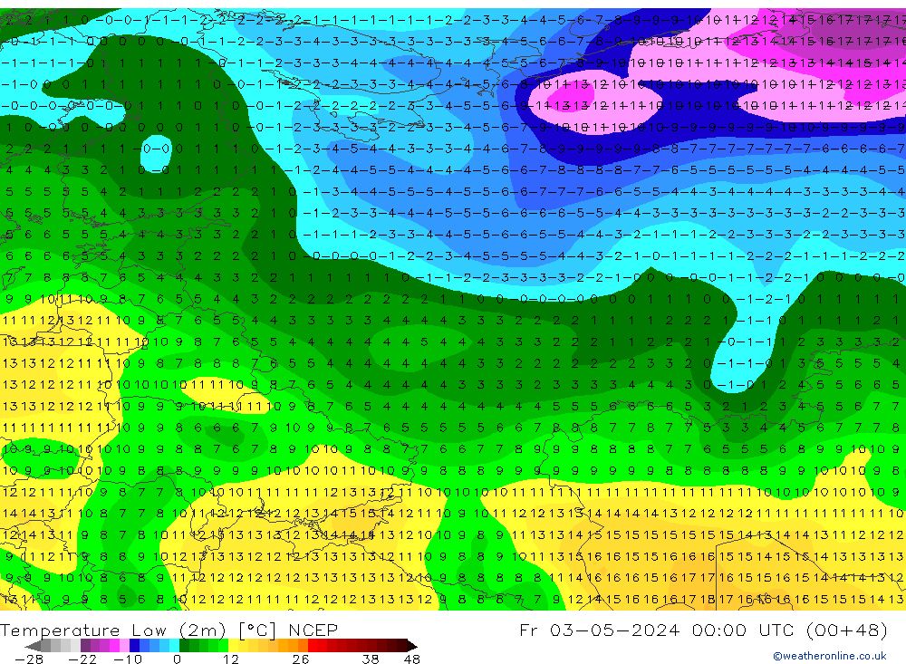 Tiefstwerte (2m) NCEP Fr 03.05.2024 00 UTC