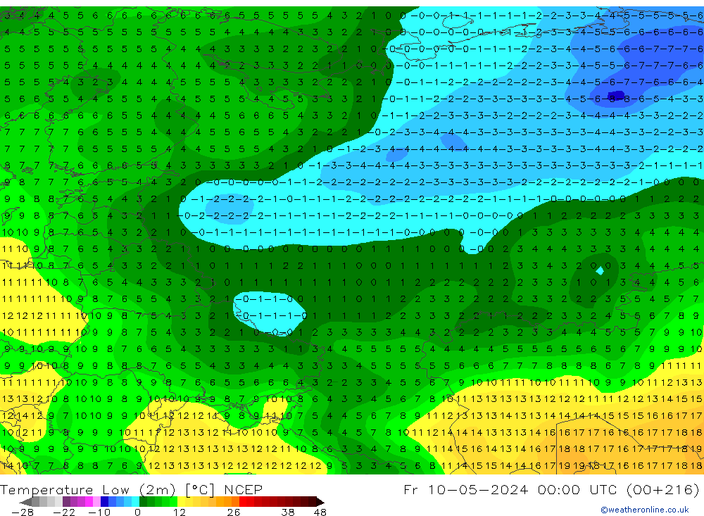 Temperature Low (2m) NCEP Fr 10.05.2024 00 UTC