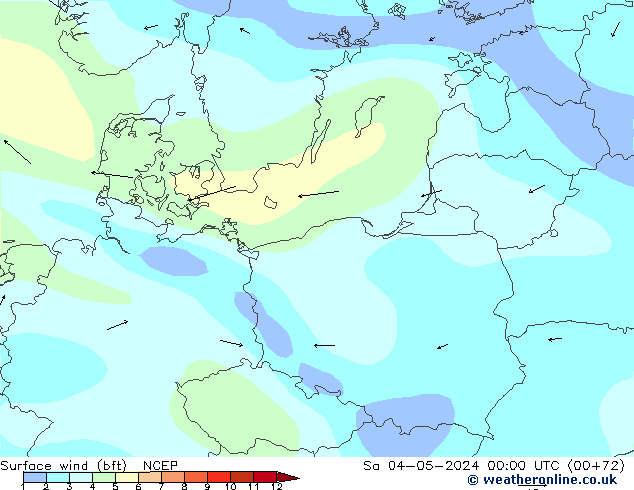 wiatr 10 m (bft) NCEP so. 04.05.2024 00 UTC