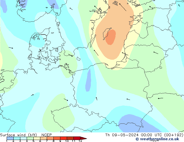 Surface wind (bft) NCEP Th 09.05.2024 00 UTC