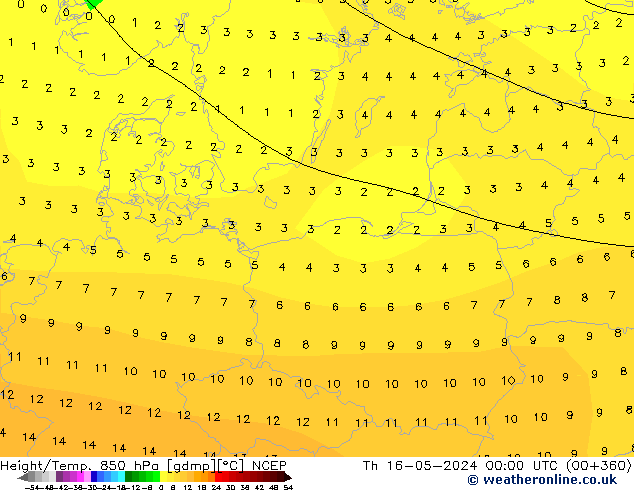 Height/Temp. 850 гПа NCEP чт 16.05.2024 00 UTC