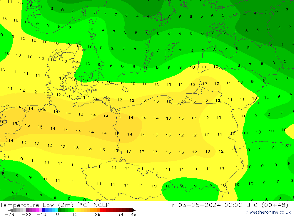 Min.temperatuur (2m) NCEP vr 03.05.2024 00 UTC