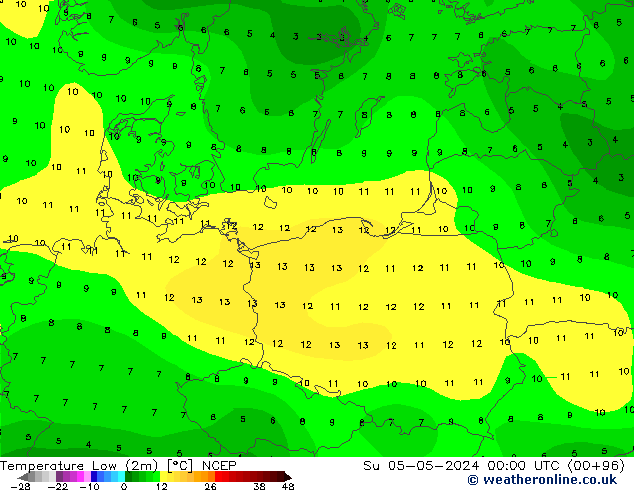 Min. Temperatura (2m) NCEP nie. 05.05.2024 00 UTC