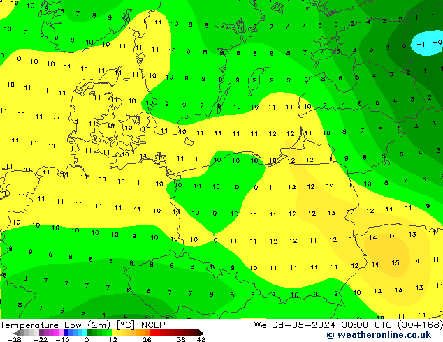 temperatura mín. (2m) NCEP Qua 08.05.2024 00 UTC