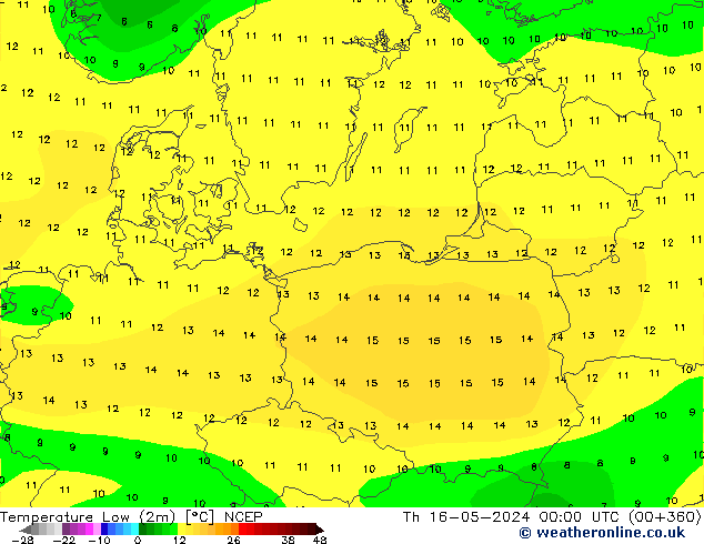 Minumum Değer (2m) NCEP Per 16.05.2024 00 UTC