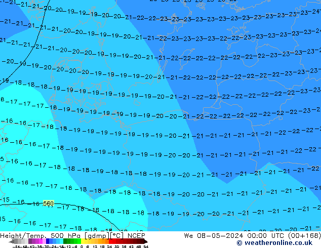 Hoogte/Temp. 500 hPa NCEP wo 08.05.2024 00 UTC