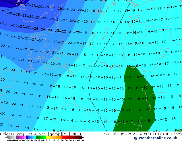 Height/Temp. 500 hPa NCEP nie. 02.06.2024 00 UTC