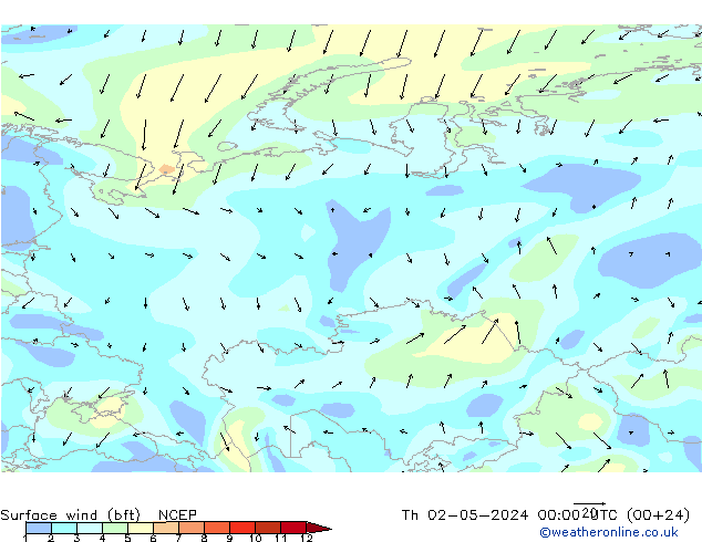 Surface wind (bft) NCEP Th 02.05.2024 00 UTC