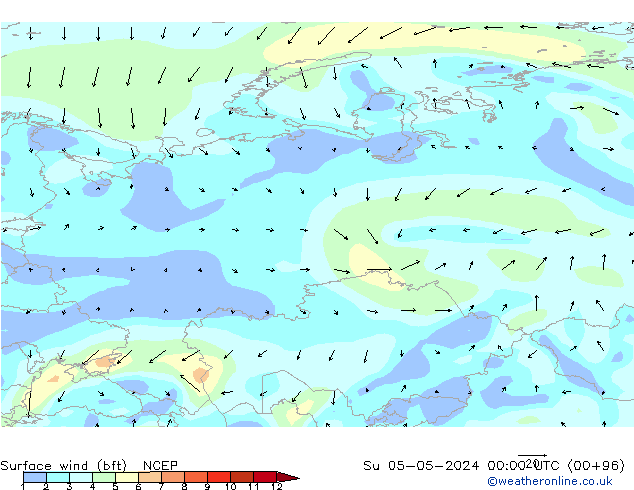 wiatr 10 m (bft) NCEP nie. 05.05.2024 00 UTC