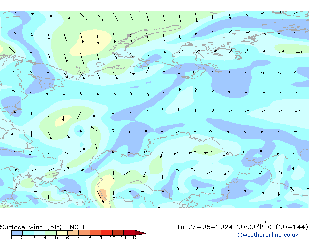 Surface wind (bft) NCEP Út 07.05.2024 00 UTC