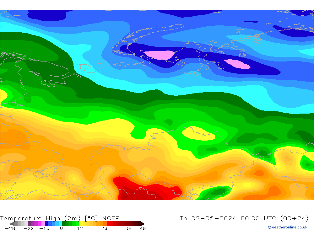 Max.temperatuur (2m) NCEP do 02.05.2024 00 UTC