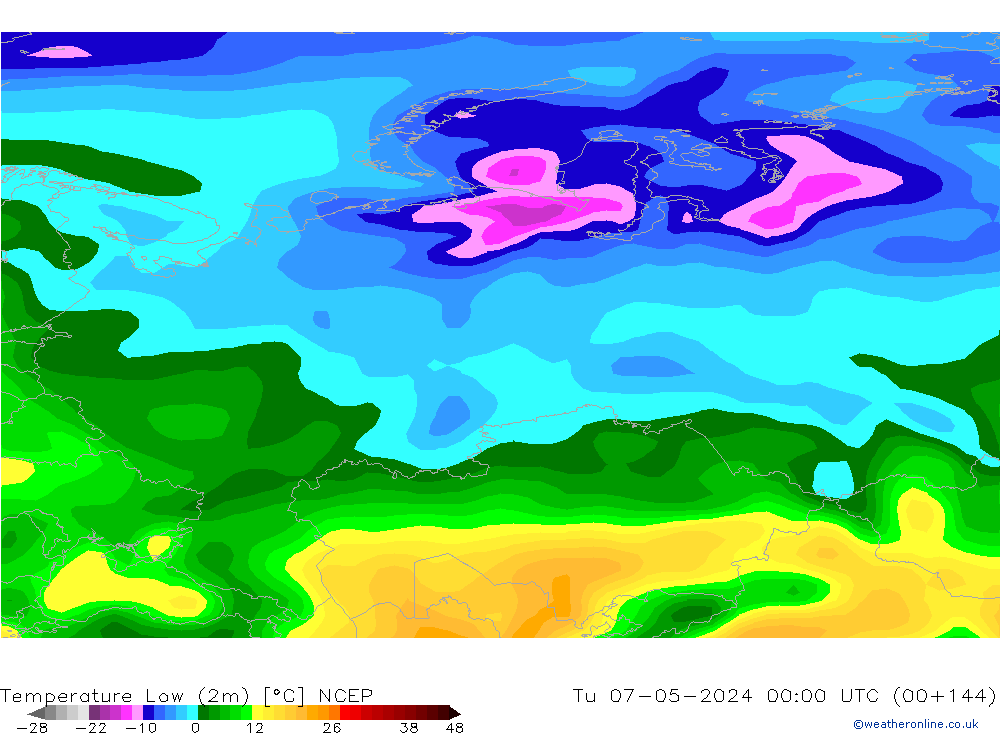 Min.temperatuur (2m) NCEP di 07.05.2024 00 UTC