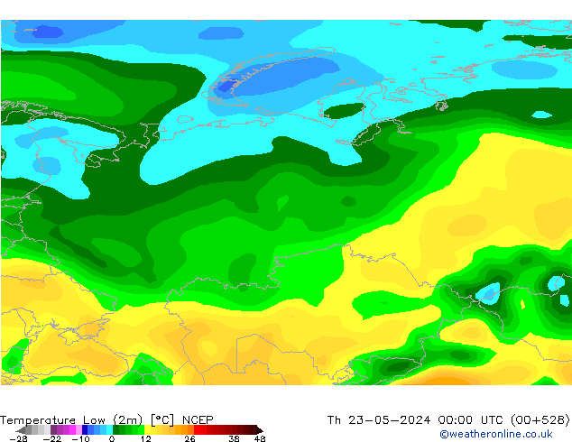 Min. Temperatura (2m) NCEP czw. 23.05.2024 00 UTC