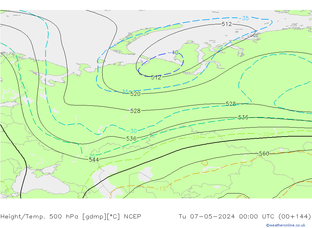 Height/Temp. 500 hPa NCEP wto. 07.05.2024 00 UTC