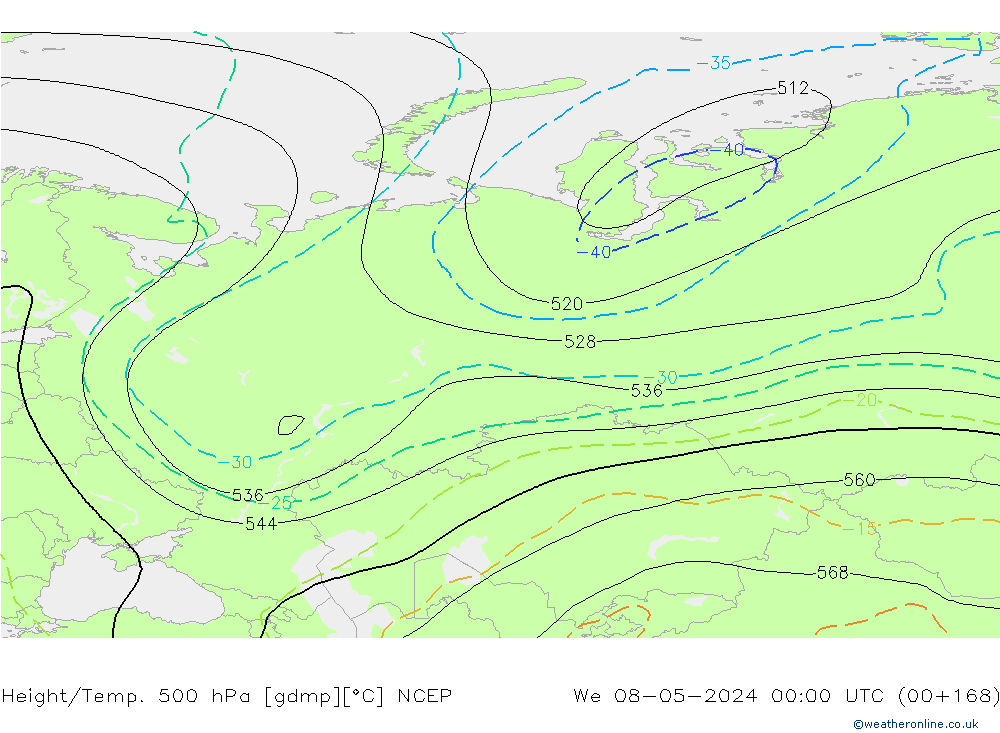 Hoogte/Temp. 500 hPa NCEP wo 08.05.2024 00 UTC