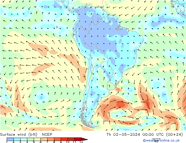 Vento 10 m (bft) NCEP Qui 02.05.2024 00 UTC