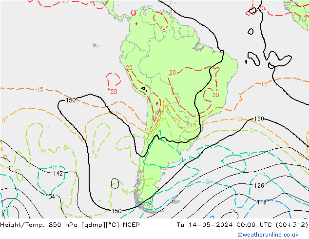 Hoogte/Temp. 850 hPa NCEP di 14.05.2024 00 UTC