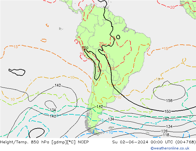 Géop./Temp. 850 hPa NCEP dim 02.06.2024 00 UTC