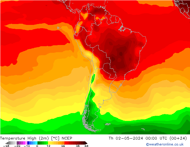 Max.temperatuur (2m) NCEP do 02.05.2024 00 UTC