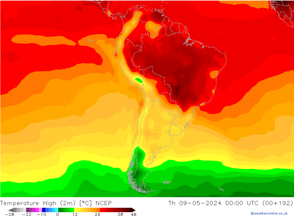 Nejvyšší teplota (2m) NCEP Čt 09.05.2024 00 UTC