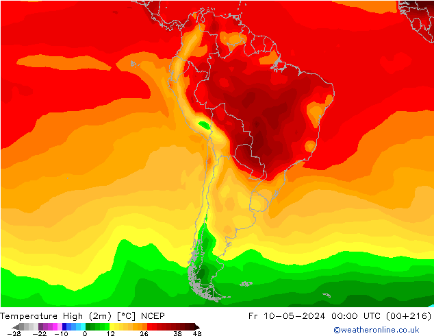 Temp. massima (2m) NCEP ven 10.05.2024 00 UTC