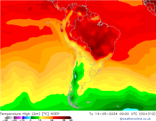 Max.temperatuur (2m) NCEP di 14.05.2024 00 UTC