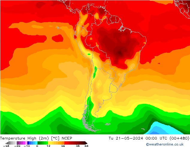 Temp. massima (2m) NCEP mar 21.05.2024 00 UTC