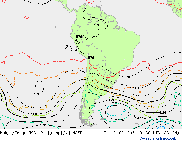 Height/Temp. 500 hPa NCEP Qui 02.05.2024 00 UTC