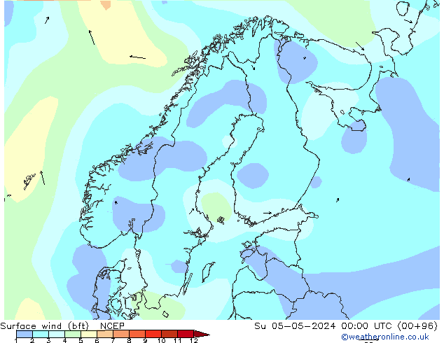 Wind 10 m (bft) NCEP zo 05.05.2024 00 UTC