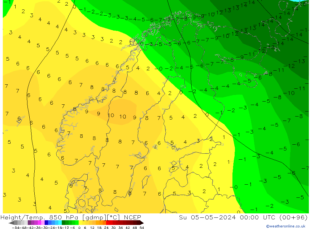 Géop./Temp. 850 hPa NCEP dim 05.05.2024 00 UTC