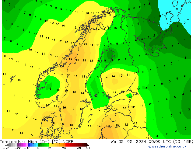 Max.temperatuur (2m) NCEP wo 08.05.2024 00 UTC