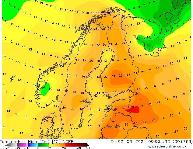 Temp. massima (2m) NCEP dom 02.06.2024 00 UTC