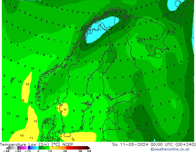 Min. Temperatura (2m) NCEP so. 11.05.2024 00 UTC