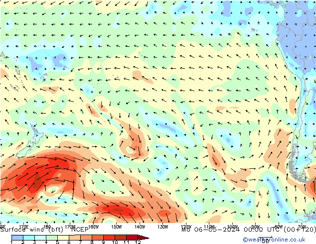 Vento 10 m (bft) NCEP Seg 06.05.2024 00 UTC