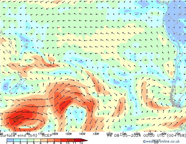 Surface wind (bft) NCEP We 08.05.2024 00 UTC