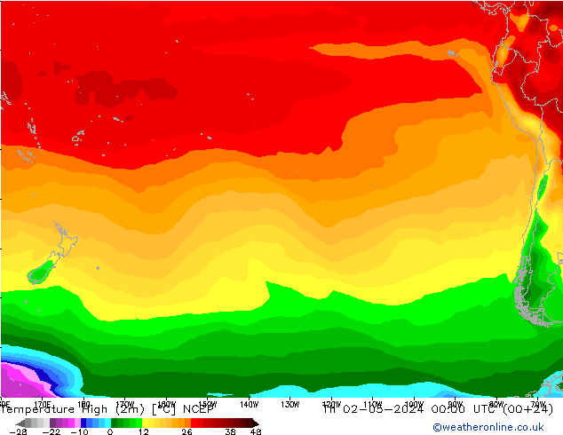 Nejvyšší teplota (2m) NCEP Čt 02.05.2024 00 UTC