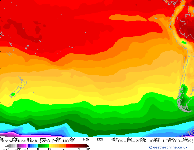 Max. Temperatura (2m) NCEP czw. 09.05.2024 00 UTC