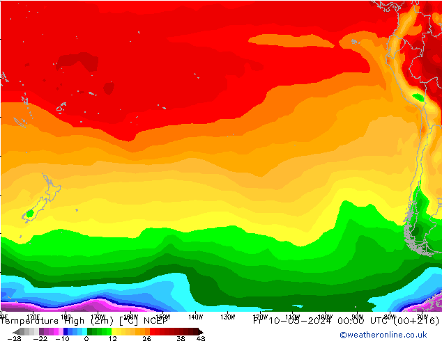 Max.temperatuur (2m) NCEP vr 10.05.2024 00 UTC