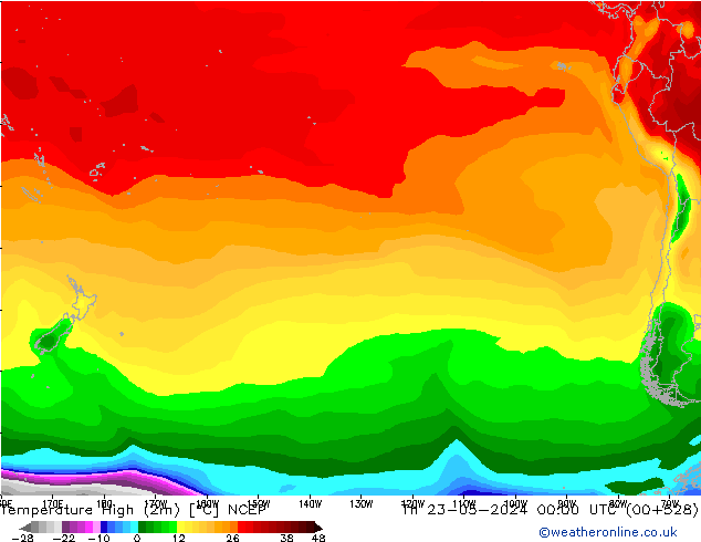 Max.temperatuur (2m) NCEP do 23.05.2024 00 UTC