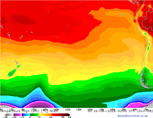 Nejvyšší teplota (2m) NCEP Ne 02.06.2024 00 UTC