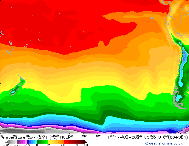Min.temperatuur (2m) NCEP vr 17.05.2024 00 UTC