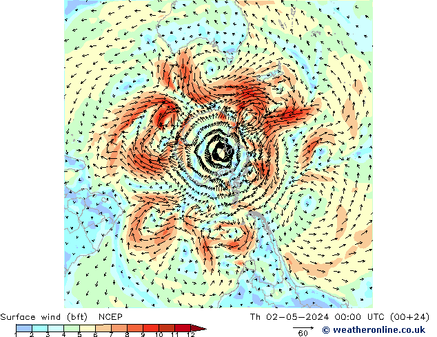 Surface wind (bft) NCEP Th 02.05.2024 00 UTC