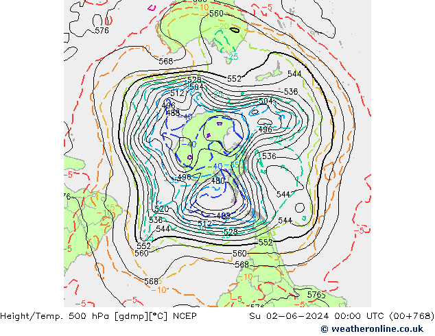 Height/Temp. 500 гПа NCEP Вс 02.06.2024 00 UTC