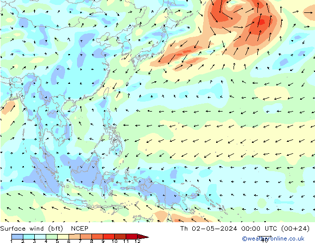 Vento 10 m (bft) NCEP gio 02.05.2024 00 UTC