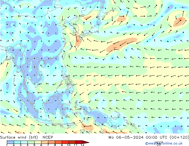 Surface wind (bft) NCEP Mo 06.05.2024 00 UTC