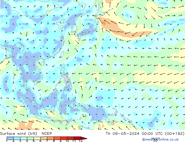 ве�Bе�@ 10 m (bft) NCEP чт 09.05.2024 00 UTC