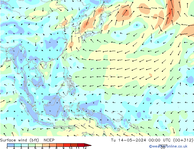 Surface wind (bft) NCEP Tu 14.05.2024 00 UTC