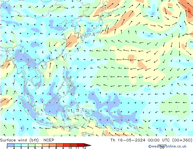 Surface wind (bft) NCEP Th 16.05.2024 00 UTC